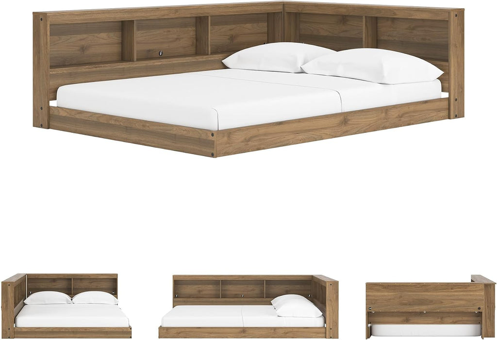 Signature Design by Ashley Deanlow Mid-Century Modern Full Bookcase Storage Floor Bed, No Foundation or Box Spring Needed, Wood, 26' High, Light Brown