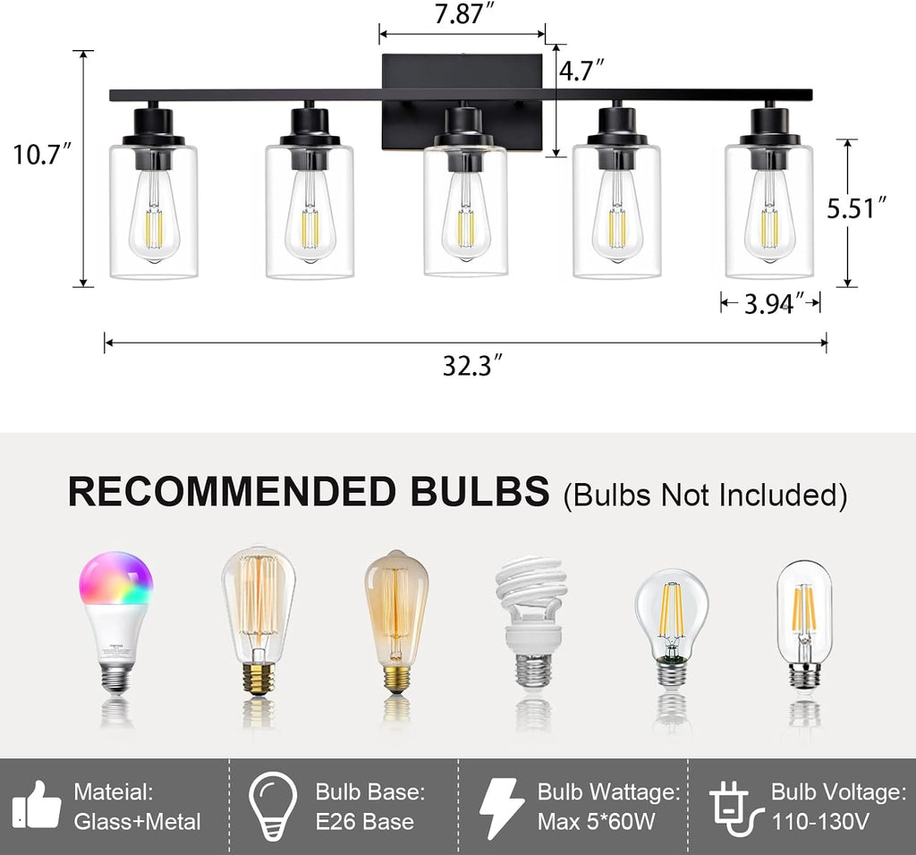5 Light Bathroom Light Fixtures Black Vanity Light Over Mirror Modern Farmhouse Wall Lighting Sconces Wall Lamp for Bathroom, Bedroom, Living Room E26 Socket with Glass Shade