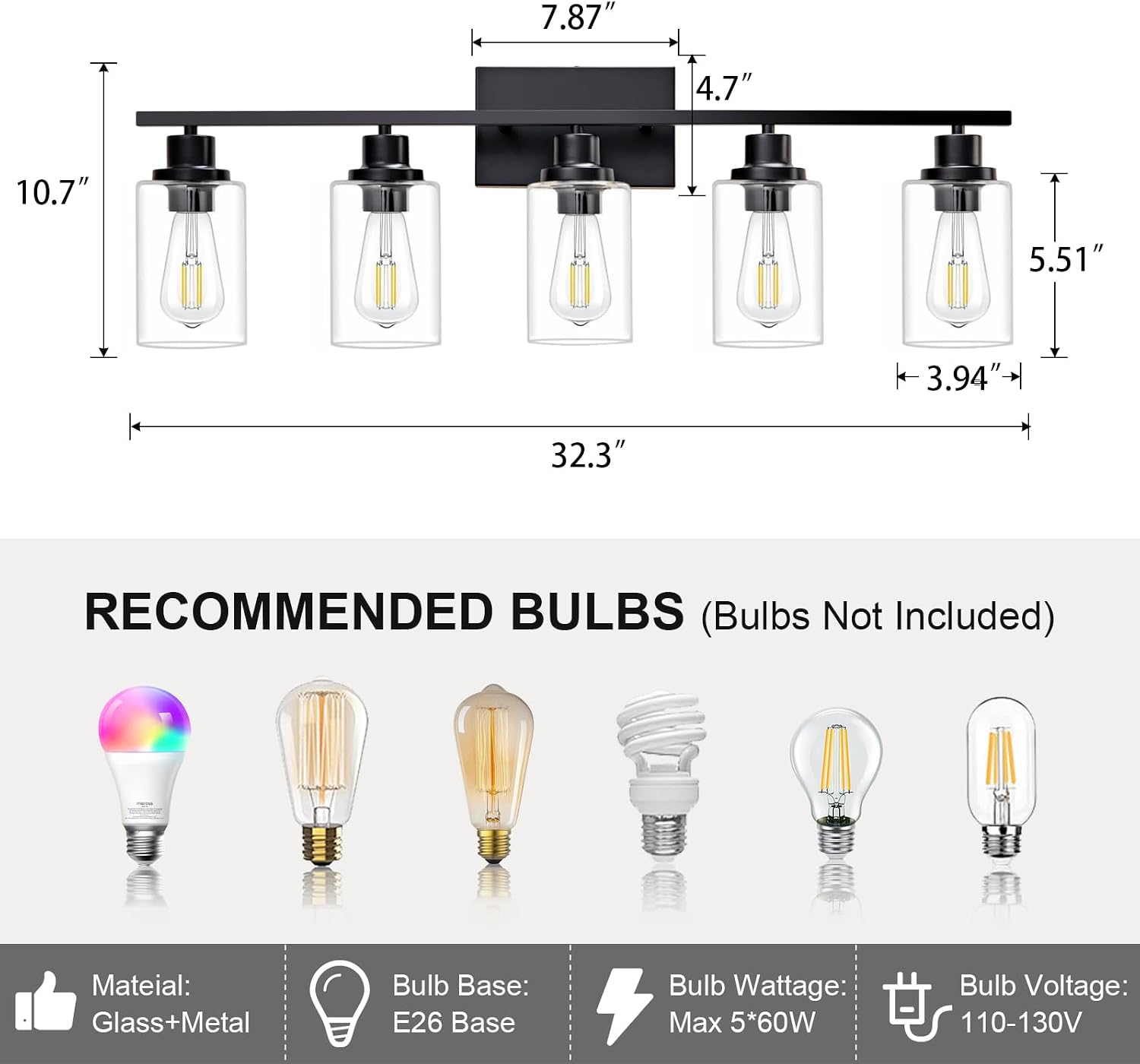 5 Light Bathroom Light Fixtures Black Vanity Light Over Mirror Modern Farmhouse Wall Lighting Sconces Wall Lamp for Bathroom, Bedroom, Living Room E26 Socket with Glass Shade