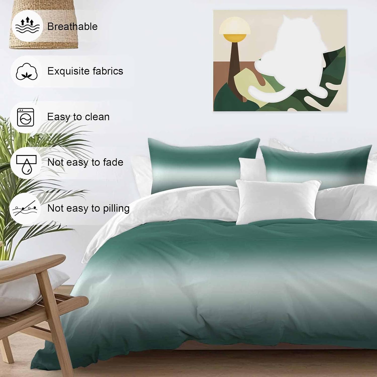 Gradient Green Duvet Cover Set Queen Size 4 Pieces Modern Minimalist Black Green Ocean Beach Bedding Set with Zipper Closure, 1 Comforter Cover 92x106 Inches 1 Flat Sheet & 2 Pillow Cases