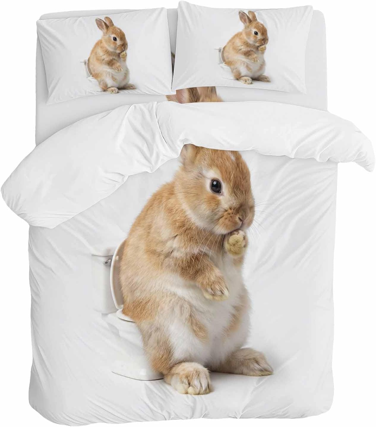 Rabbit Sitting on The Toilet Thinking Duvet Cover Set Queen Size 4 Pieces Abstract Funny Animal Bedding Set with Zipper Closure, 1 Comforter Cover 92x106 Inches 1 Flat Sheet & 2 Pillow Cases