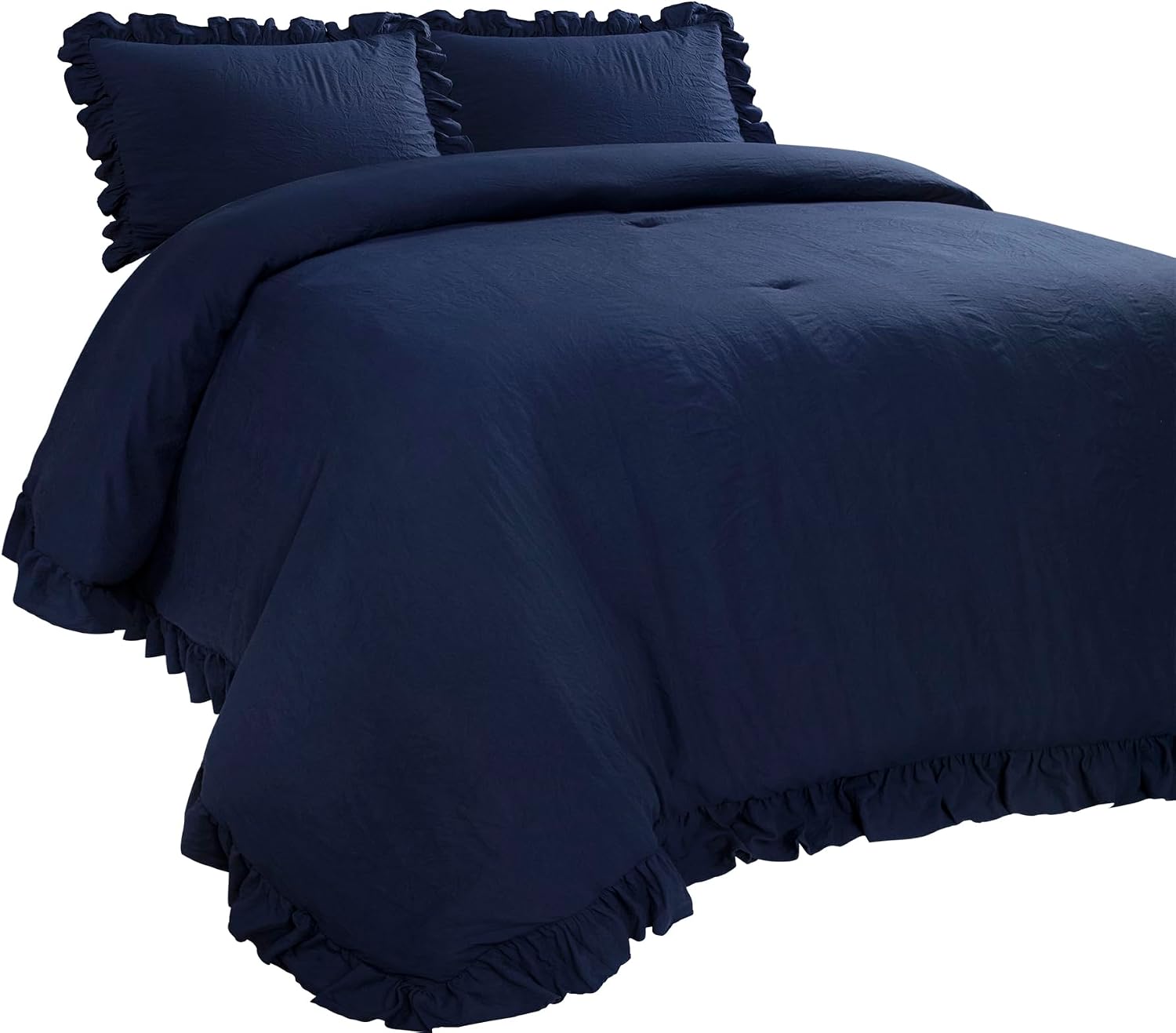 Lush Decor Reyna Ruffle Comforter Set, King, Navy, 3 Piece Cozy Bedding Set