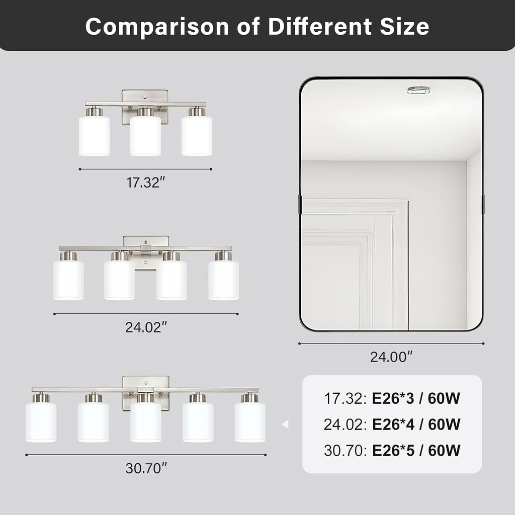 FonmYim Brushed Nickel Bathroom Light Fixtures, 5-Light Modern Vanity Light Over Mirror, Wall Sconces with Milky White Frosted Glass Shades, E26 Socket (Bulbs Not Included)