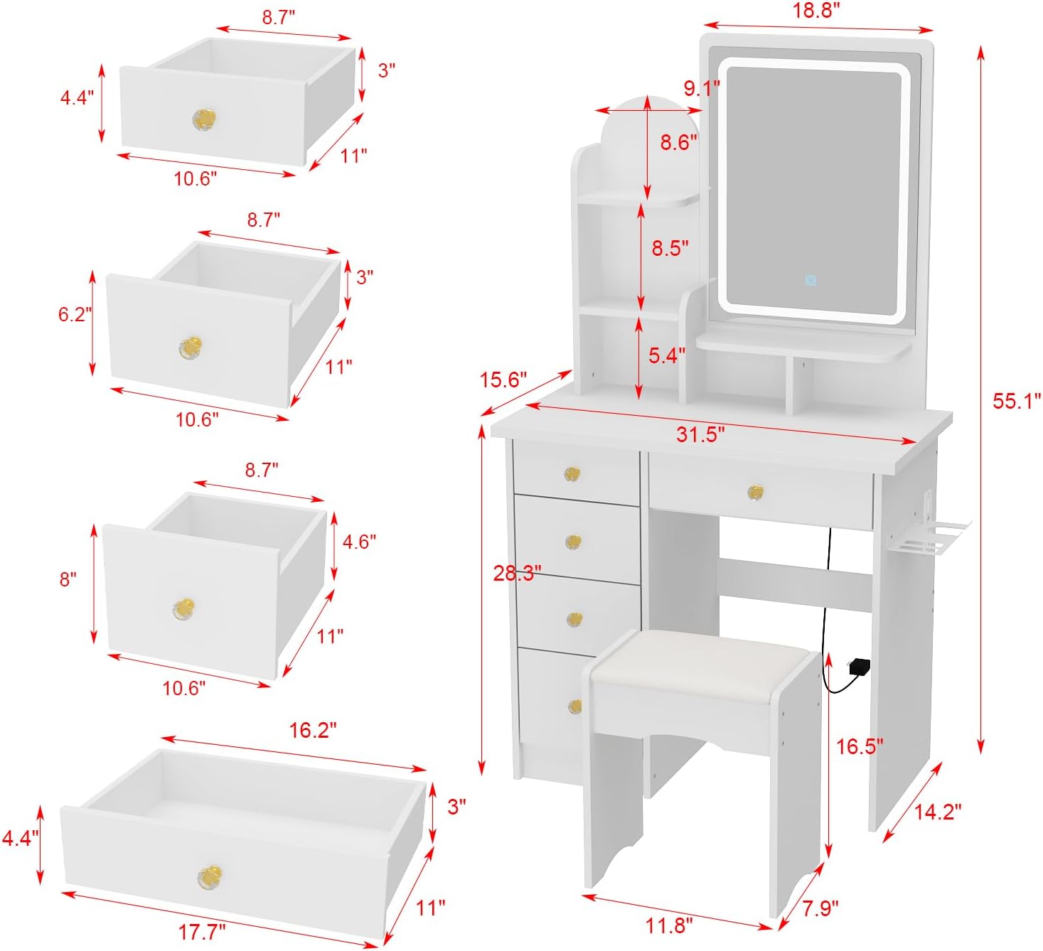 FUFU&GAGA Vanity Set with Rectangular Mirror, Makeup Vanity Dressing Table with 5 Drawers, Shelves, Power Outlet & Hair Dryer Holder, Dresser Desk and Cushioned Stool Set (White/Lighted Mirror)