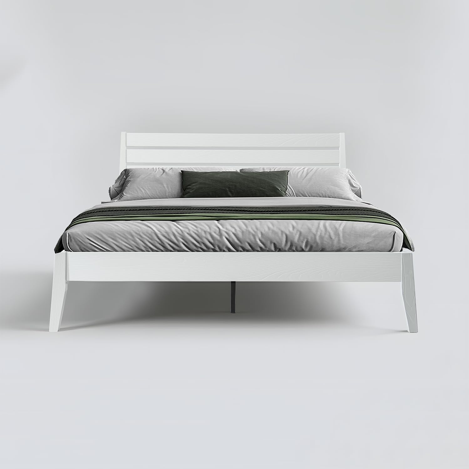 Full Size Solid Wood Platform Bed Frame with Headboard and Footboard, 12 Sturdy Slats, Center Metal Legs, Easy Assembly, No Box Spring Needed, Anti-Noise & Slip-Free Design, Pure White Finish. RKF-39