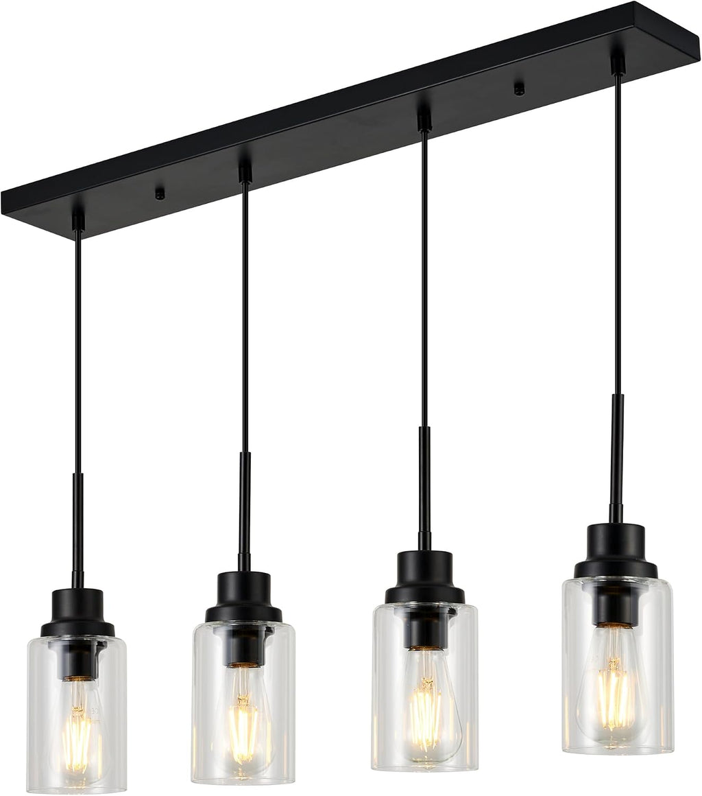4-Lights Pendant Lighting for Kitchen Island in Black, Ceiling Light Fixtures with Adjustable Hanging Wire & Clear Glass Shades