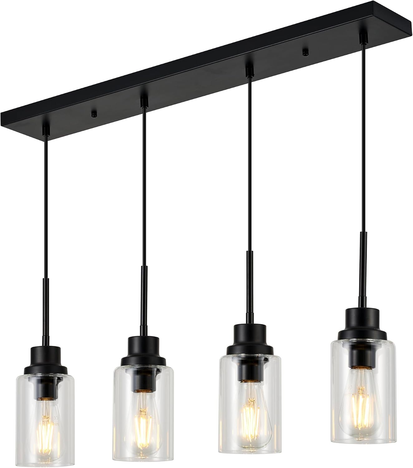 4-Lights Pendant Lighting for Kitchen Island in Black, Ceiling Light Fixtures with Adjustable Hanging Wire & Clear Glass Shades