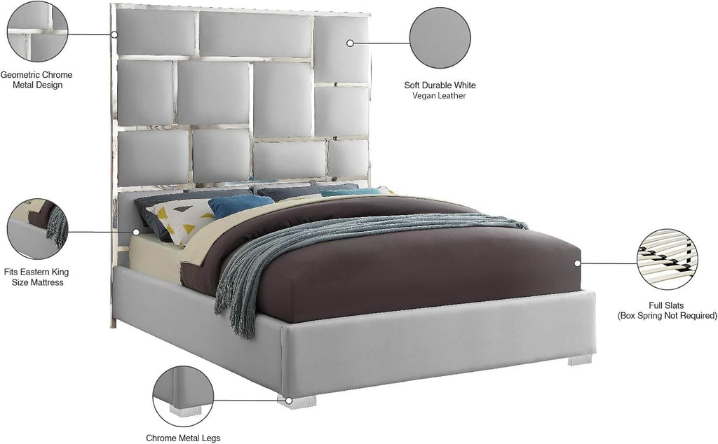 Meridian Furniture MilanWhite-K Milan Collection Modern Contemporary Vegan Leather Upholstered Bed, Custom Chrome Metal Legs, Geometric Designed Headboard, 81.5' W x 84.5' D x 70' H, White, King