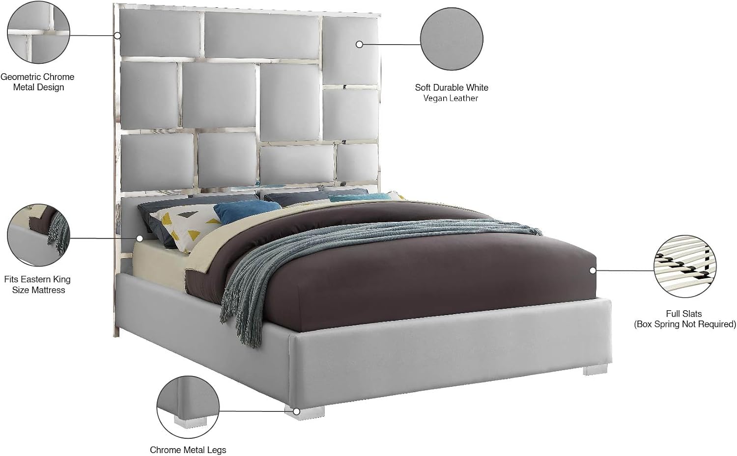 Meridian Furniture MilanWhite-K Milan Collection Modern Contemporary Vegan Leather Upholstered Bed, Custom Chrome Metal Legs, Geometric Designed Headboard, 81.5' W x 84.5' D x 70' H, White, King