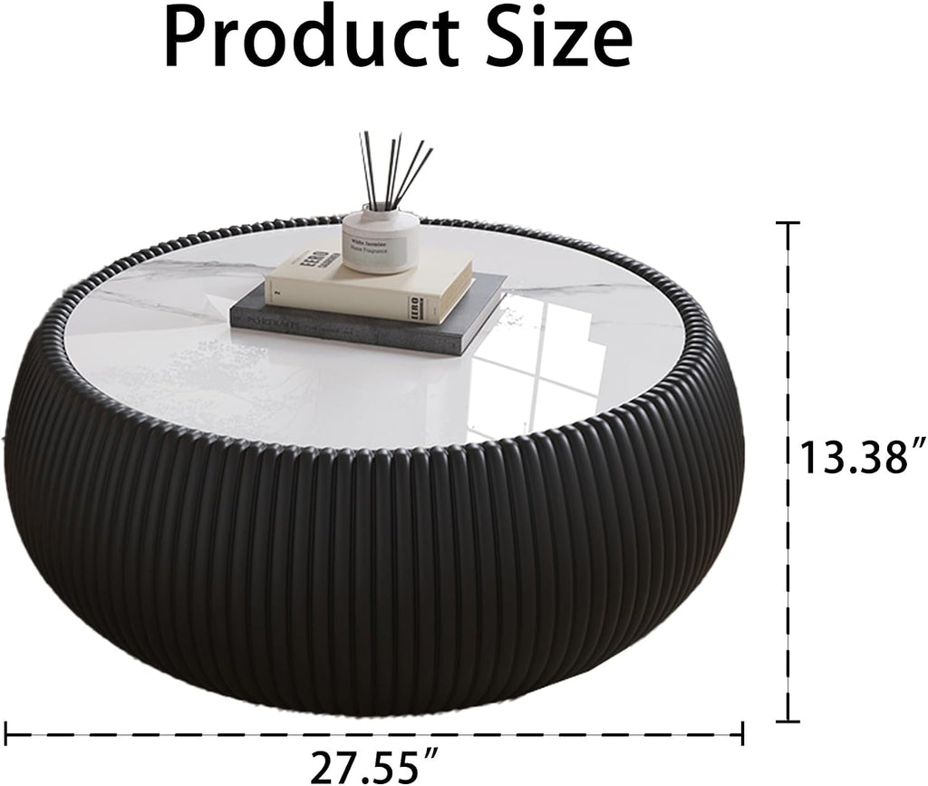 27.55' Black Round Coffee Table, Drum Coffee Table with Sintered Stone Tabletop and Fluted PU Leather Covered and Stable Base, Circle Cocktail Tea Table for Living Room