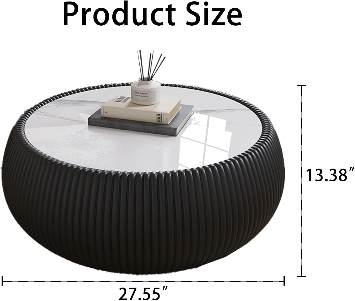 Black Round Coffee Table, 27.55' Drum Coffee Table with Sintered Stone Tabletop and Fluted PU Leather Covered and Stable Base, Circle Cocktail Tea Table for Living Room