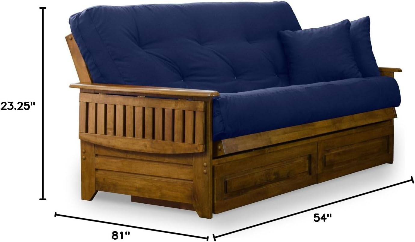 Nirvana Futons Brentwood Tray Arm Futon Frame, Drawers, and Navy Blue Mattress Set - Full, Rich Heritage Finish