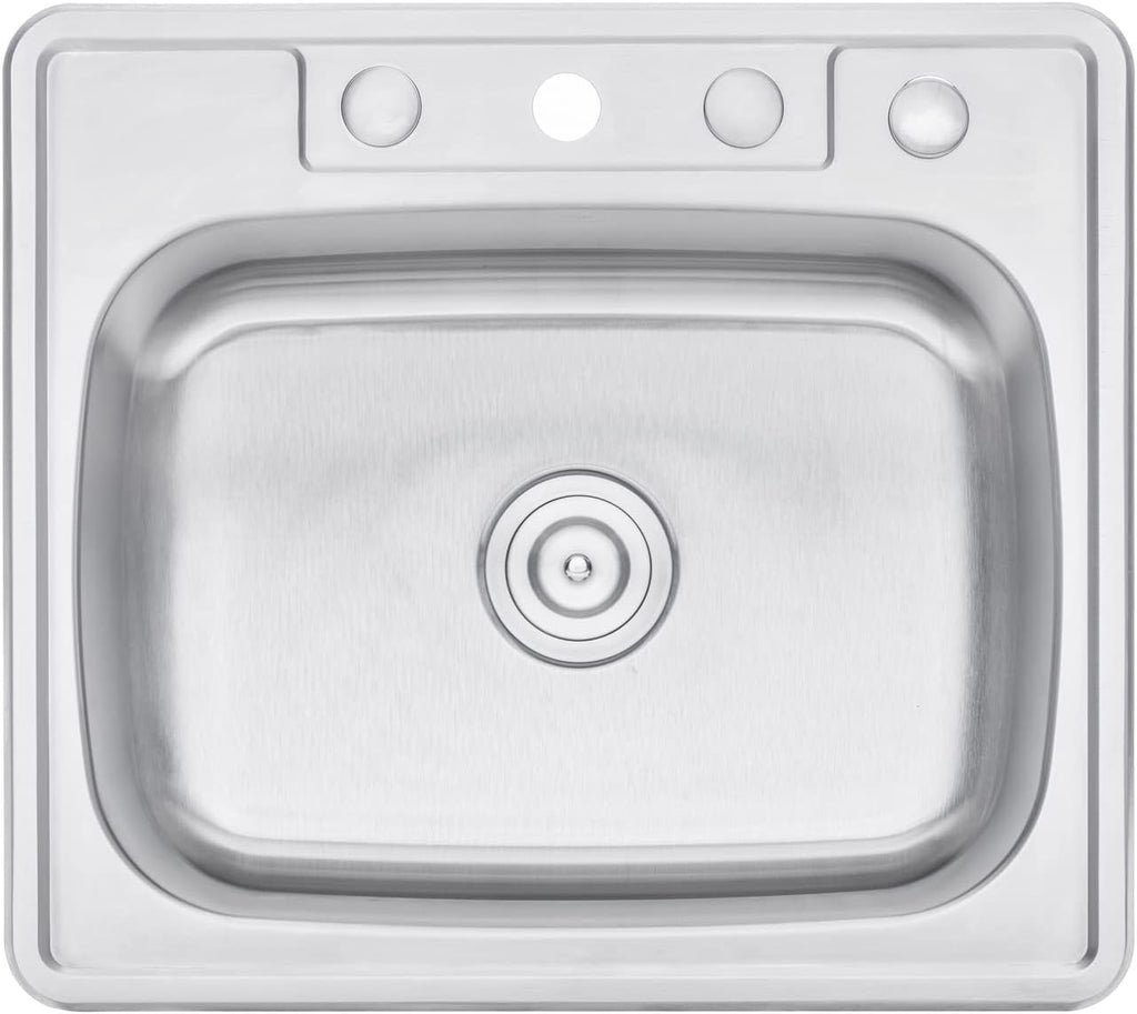 CozyBlock 25 x 22 x 9 Inch Top-mount/Drop-in Stainless Steel Single Bowl Kitchen Sink with Strainer and Protective Bottom Grid- 18 Gauge Stainless Steel-4 Faucet Hole