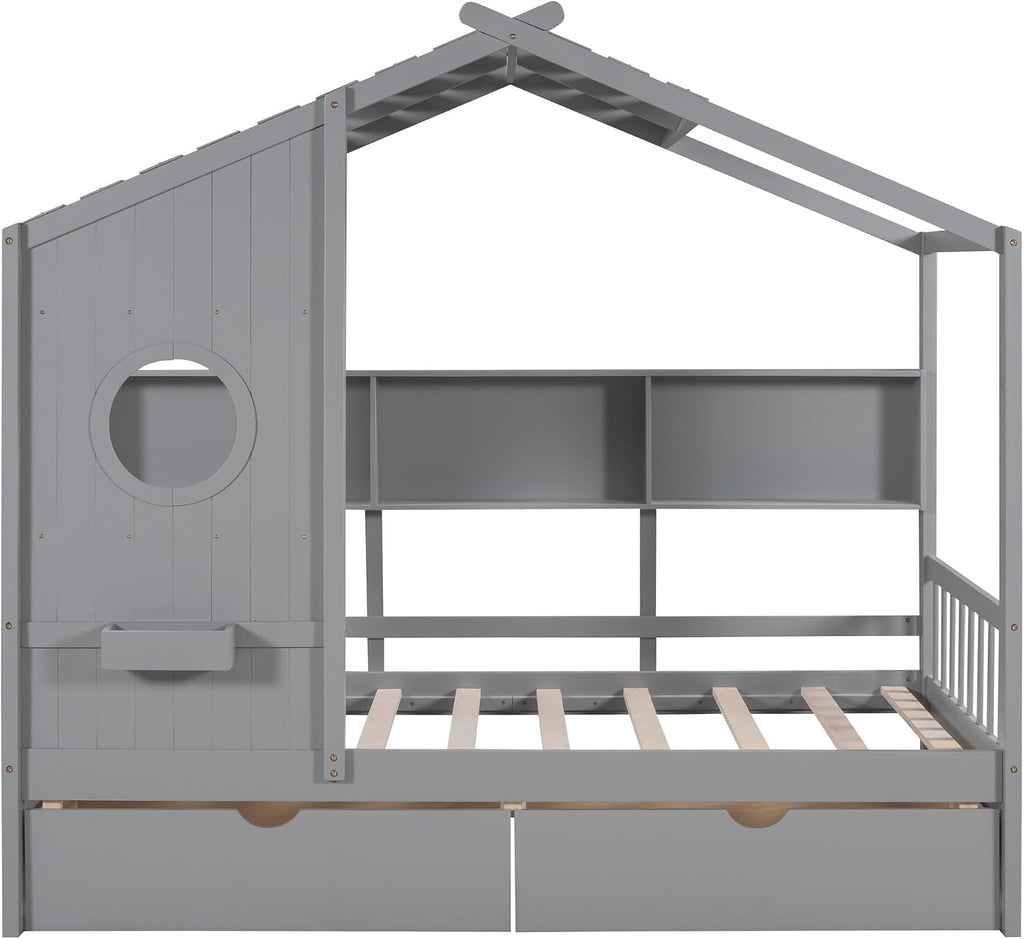 Merax Wood Twin House Daybed with Drawers & Book Shelf, Low Sofa Day Bed for Boys Girls No Box Spring Needed Gray