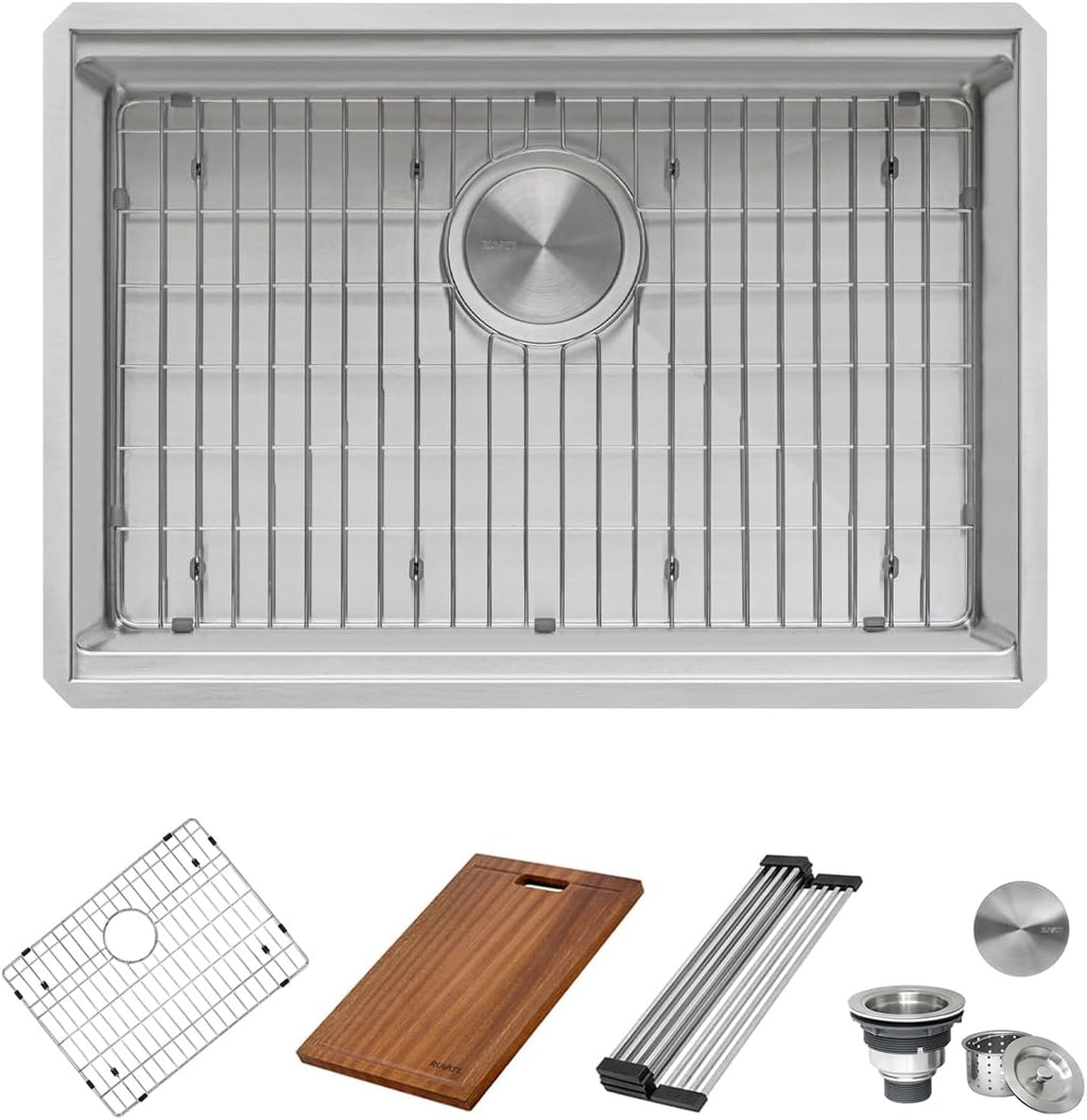 Ruvati 27-inch Undermount Rounded Corner Workstation Kitchen Sink Single Bowl – 16 Gauge Stainless Steel Kitchen Sinks with Brushed Finish hides scratches, Easy-to-Clean - RVH8327