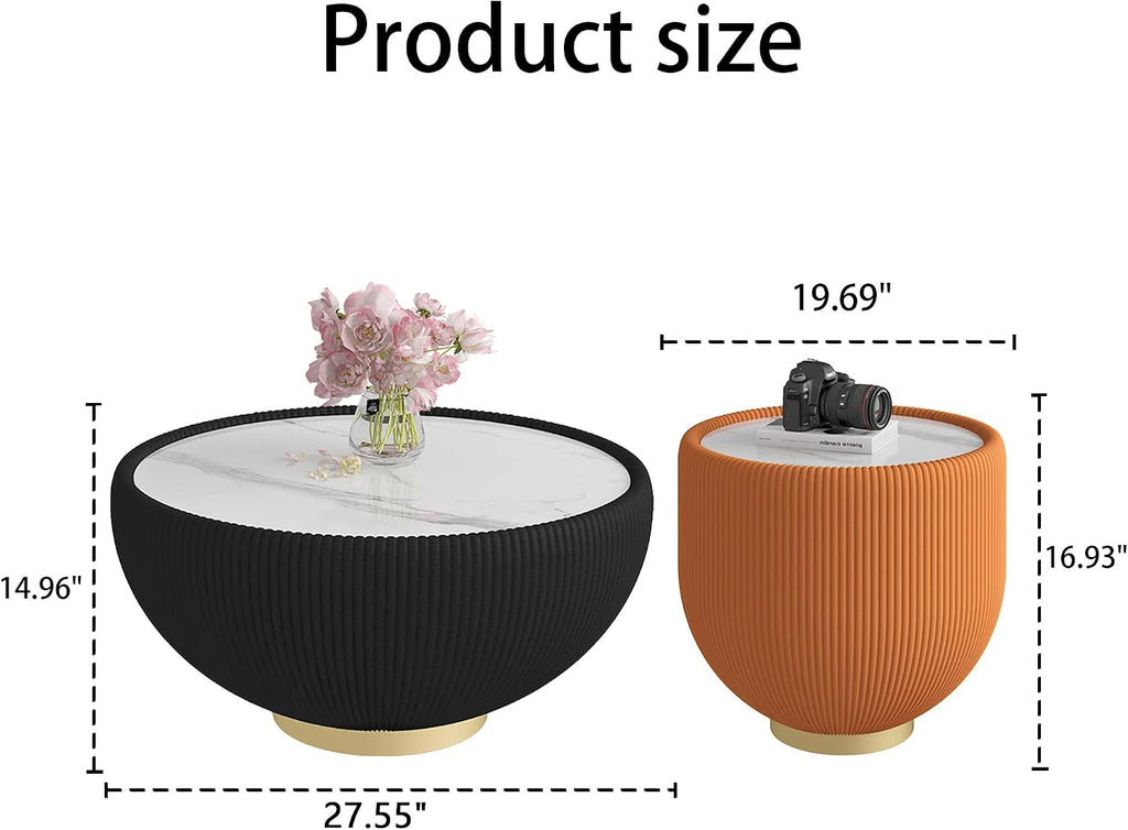 Round Coffee Table Set, 27.56' Black Drum Center Table and 19.69' Orange Coffee Table Set, 2 Pieces Living Room Table Set with Sintered Stone Tabletop, Fluted PU Leather Covered and Metal Base
