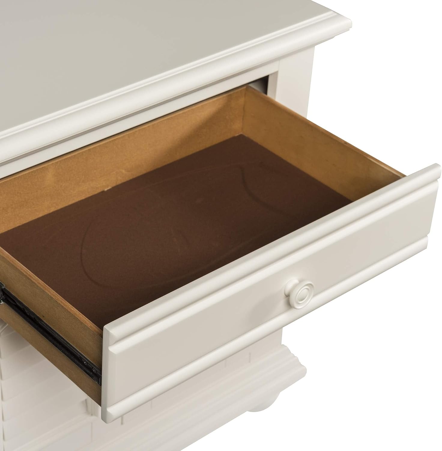 BOWERY HILL 2 Door 1 Drawer Nightstand, 31' W x 18' D x 29.5' H, Poplar Pine Wood, Oyster White Finish, Cottage Style, Louvered Panel Accents, Felt Lined Top Drawer, Bedroom Storage Furniture
