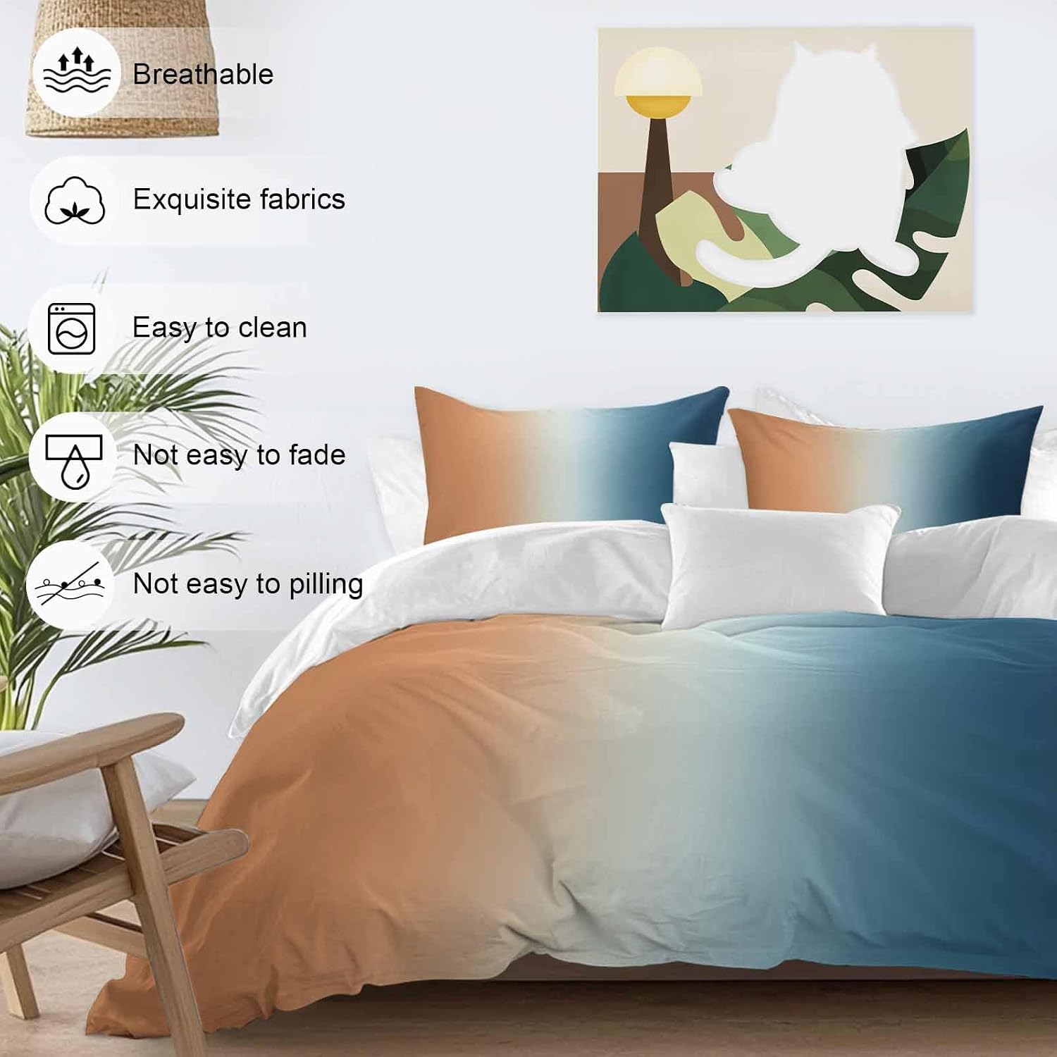 Gradient Orange Blue Duvet Cover Set Queen Size 4 Pieces Modern Abstract Minimalist Blue Ocean Beach Bedding Set with Zipper Closure, 1 Comforter Cover 86x86 Inches 1 Flat Sheet & 2 Pillow Cases