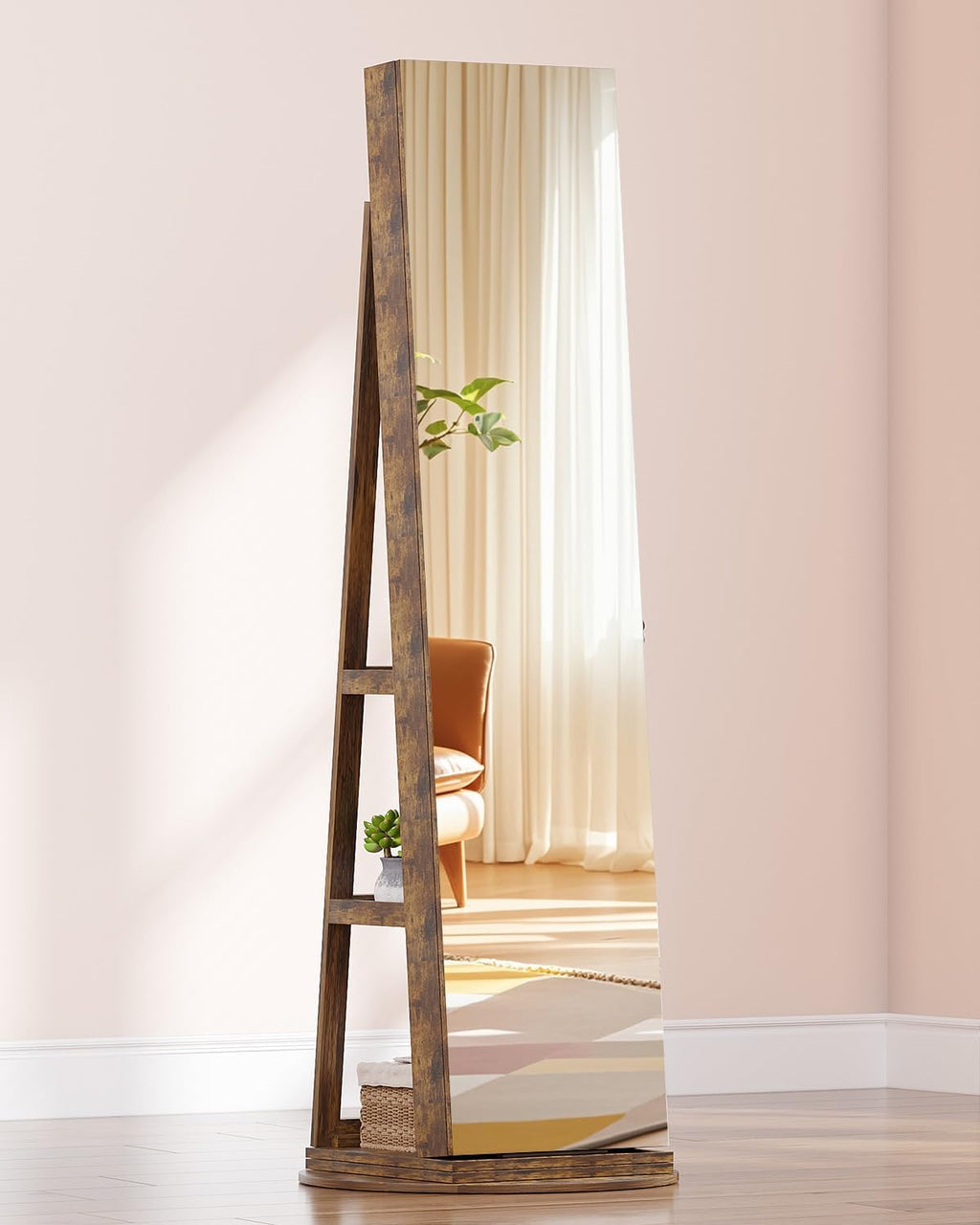 Vlsrka Mirror Jewelry Cabinet Standing, Lockable Full Length Mirror with Storage, Rotatable Jewelry Armoire with Adjustable Lights, Jewelry Armoire Organizer for Bedroom Cloakroom, Rustic Brown