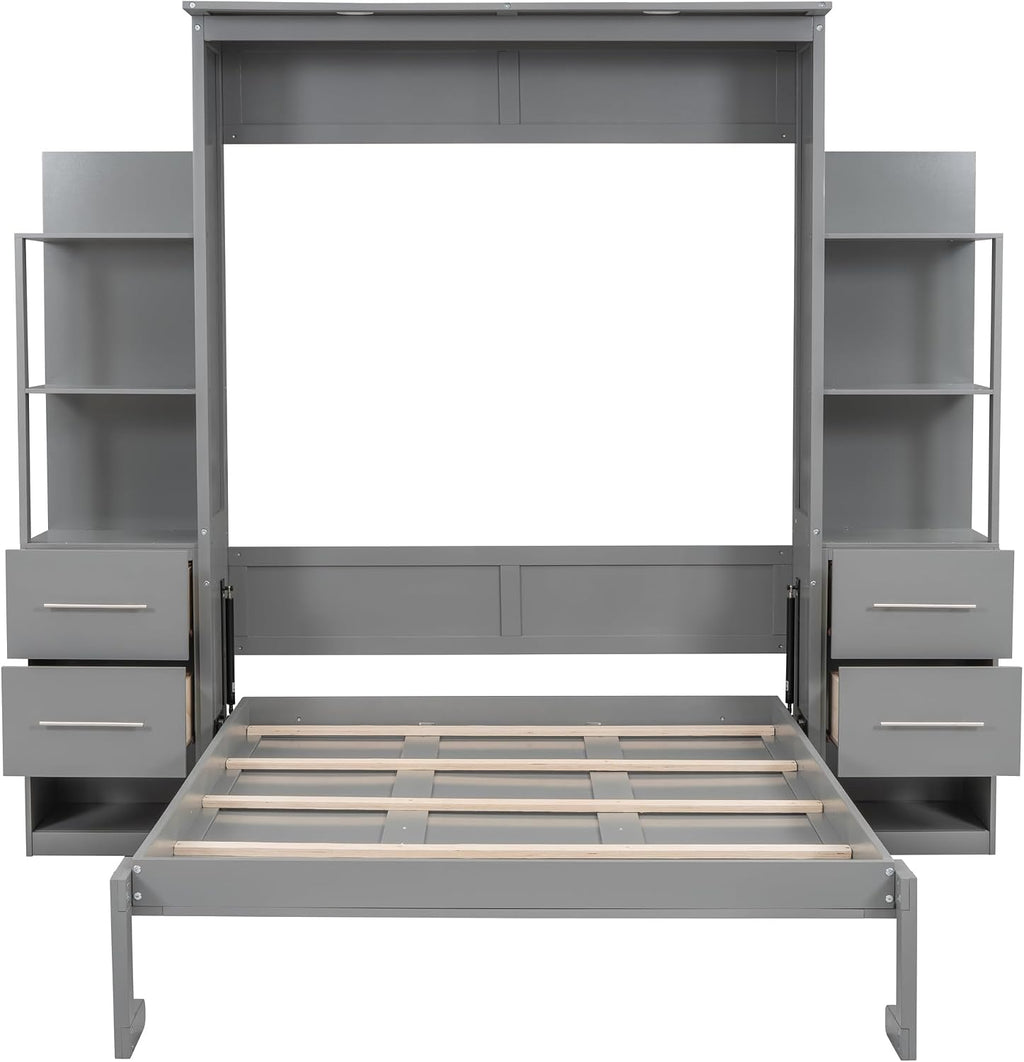 MERITLINE Full Murphy Bed with Storage Drawers,LED Lights and Storage Bookcase Shelves,Wood Murphy Wall Bed Cabinet with LED for Adults