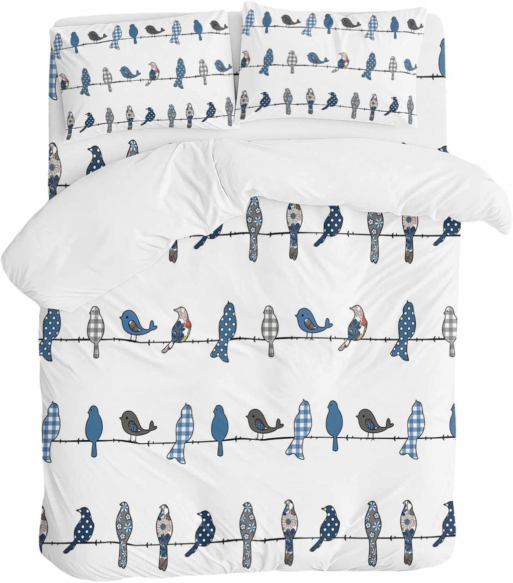 Prime Leader Birds on the Wire Blue Grey Duvet Cover Set Queen Size 4 Pieces Bedding Set with Zipper Closure, 1 Comforter Cover 92x106 Inches 1 Flat Sheet & 2 Pillow Cases