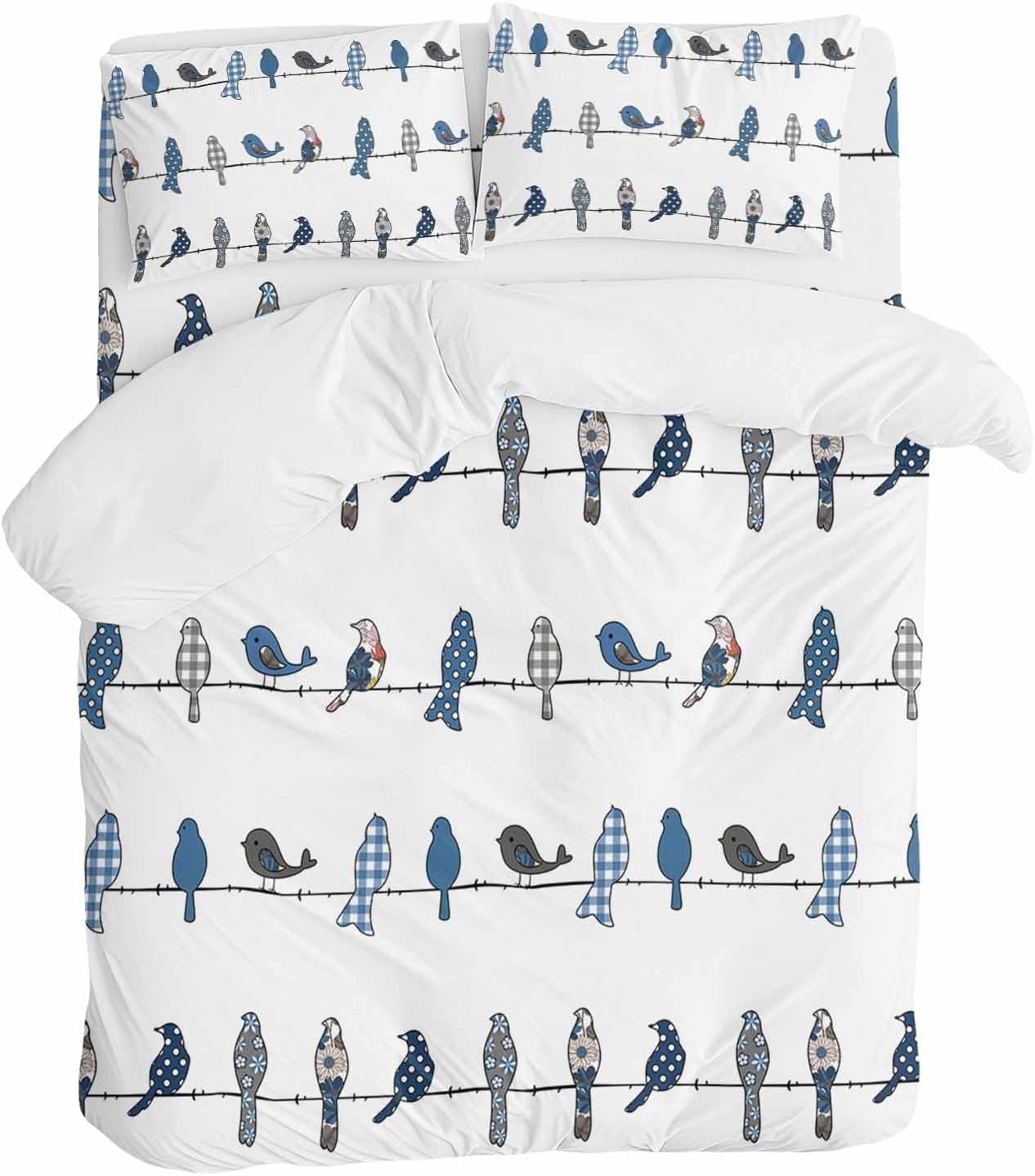 Prime Leader Birds on the Wire Blue Grey Duvet Cover Set Queen Size 4 Pieces Bedding Set with Zipper Closure, 1 Comforter Cover 92x106 Inches 1 Flat Sheet & 2 Pillow Cases