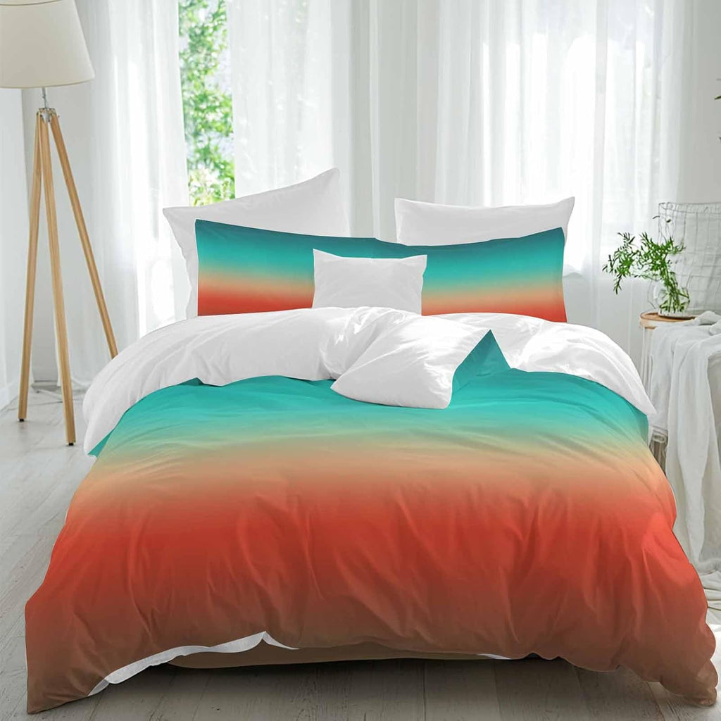 Bohemian Gradient Red Duvet Cover Set Queen Size 4 Pieces Modern Minimalist Green Brown Ocean Beach Bedding Set with Zipper Closure, 1 Comforter Cover 90x92 Inches 1 Flat Sheet & 2 Pillow Cases