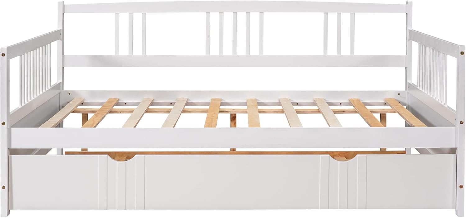 Full Size Daybed Wood with Double Ded Hideaway Trundle,Multi-Functional Design Bed Frame,W/Rails in Three Sides,Slat Support,No Box Spring Needed,forApartment,Bedroom,White