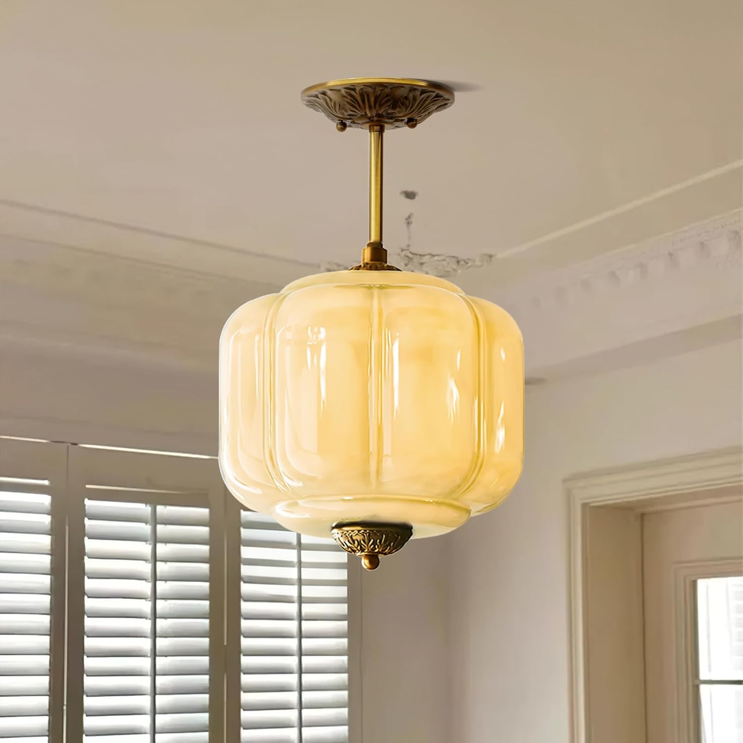 Milk Glass Ceiling Light Fixture - Antique Brass Semi Flush Mount Pendant Light for Kitchen, Hallway, and Bedroom (Green, 9 inch)