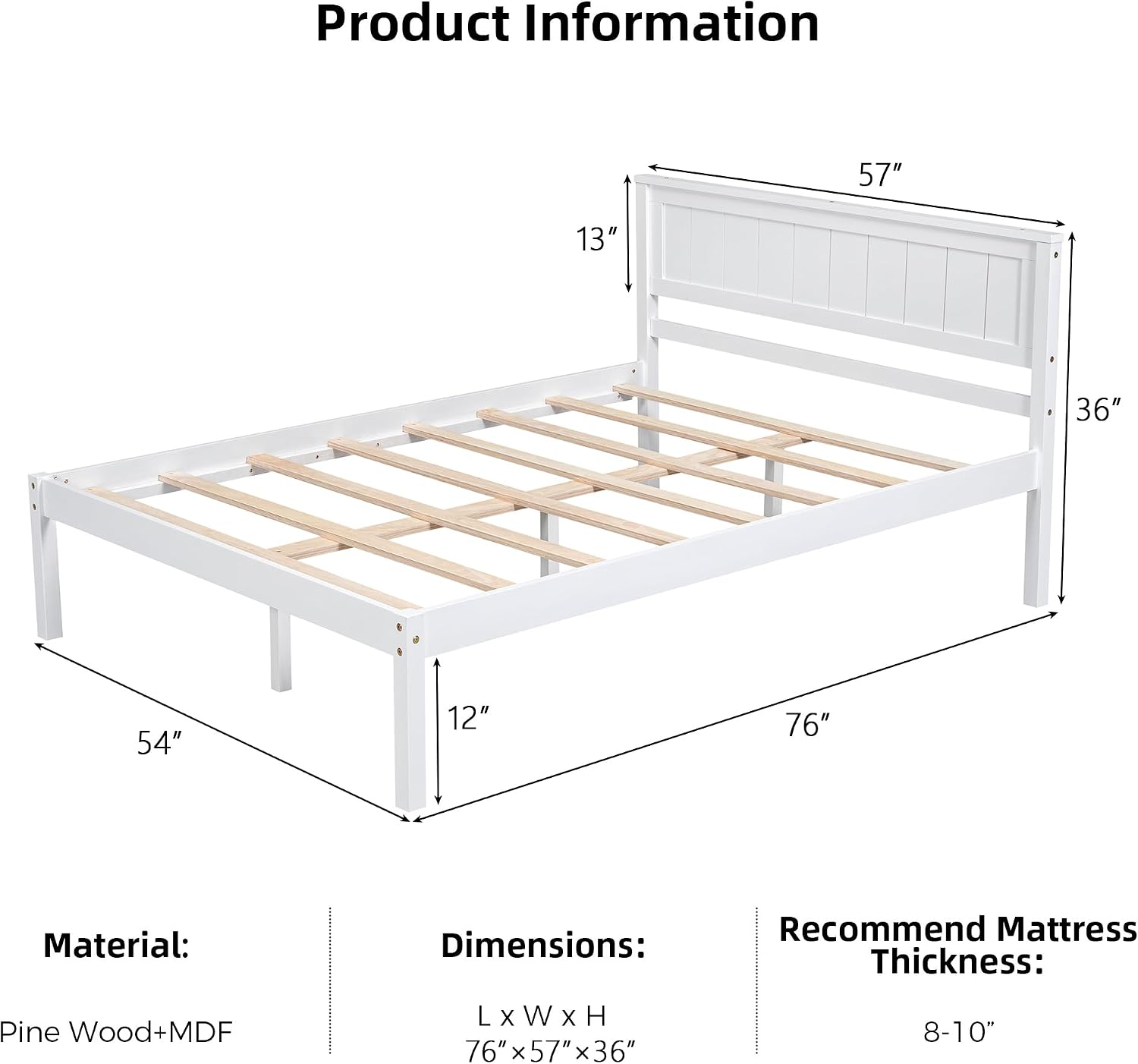 Wood Platform Bed, Bed Frame with Headboard, Wood Slat Support, No Box Spring Needed, Full, White
