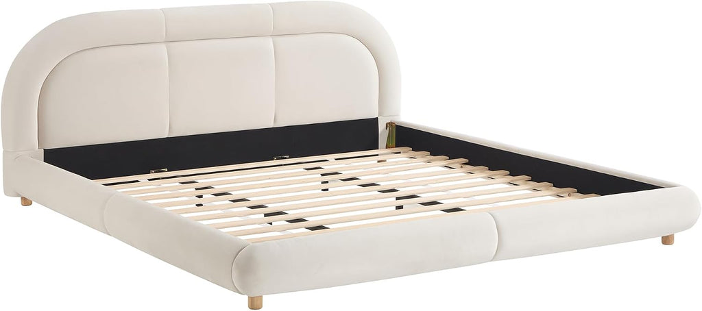 Curve-Shaped Upholstered Platform Bed with Curved Shaped Rounded Headboard, King Size Wood Bed Frame for Kids Adults Bedroom Furniture, Velvet Thick Fabric Upholstered Bed Grounded Bed (Beige-7, King)