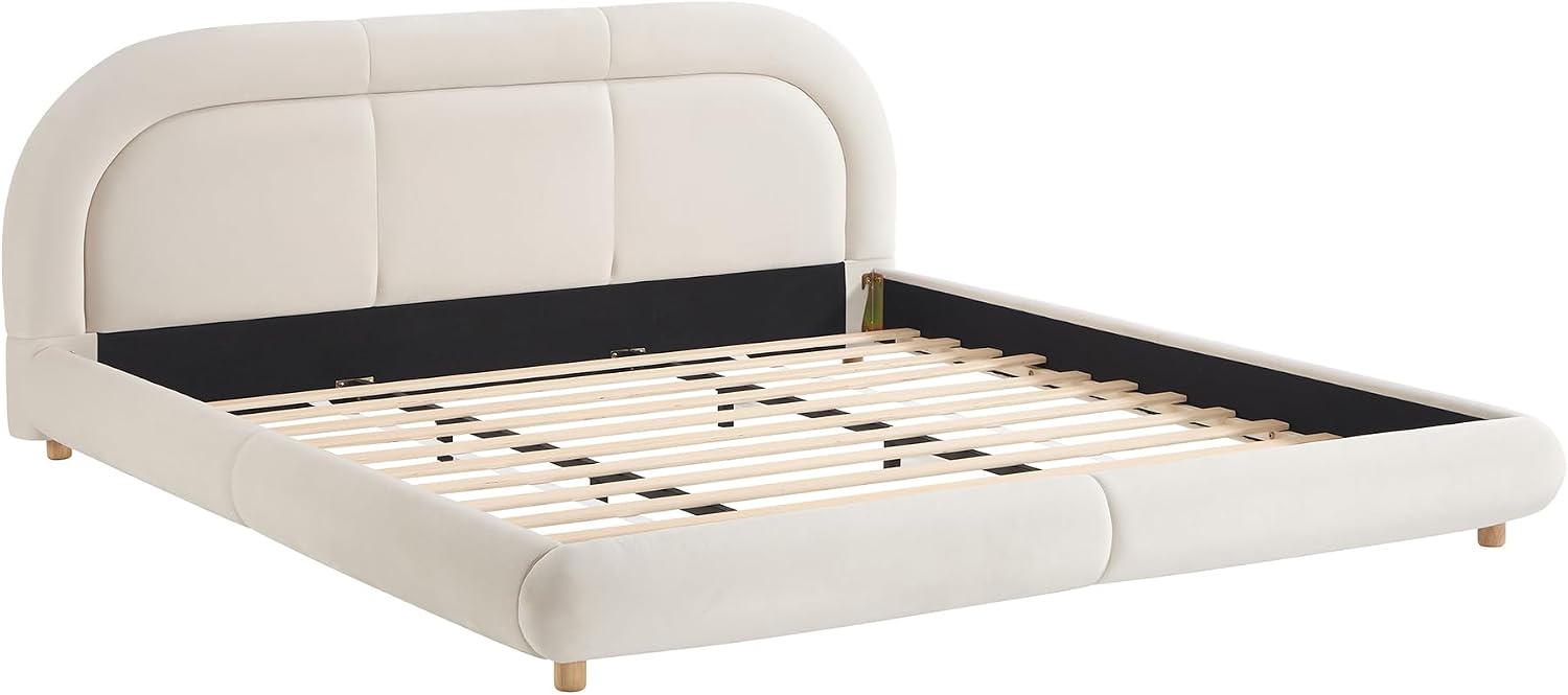 Curve-Shaped Upholstered Platform Bed with Curved Shaped Rounded Headboard, King Size Wood Bed Frame for Kids Adults Bedroom Furniture, Velvet Thick Fabric Upholstered Bed Grounded Bed (Beige-7, King)