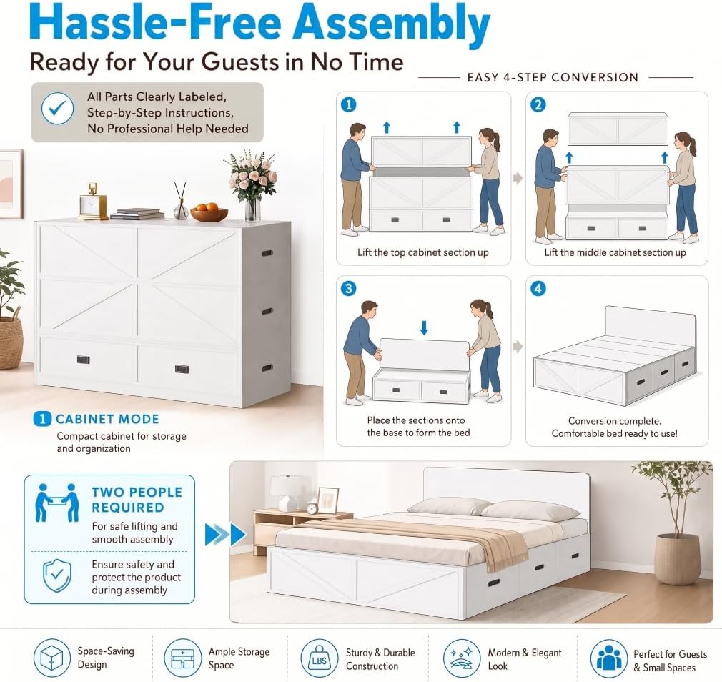 Mjkone Murphy Bed, Cabinet Beds Queen Size with Mattress Included, Drawers, Queen Hidden Murphy Guest Chest Bed, 3-in-1 Convertible Cabinet Sofa Bed, Furniture Sets for Small Room, Apartment - Grey