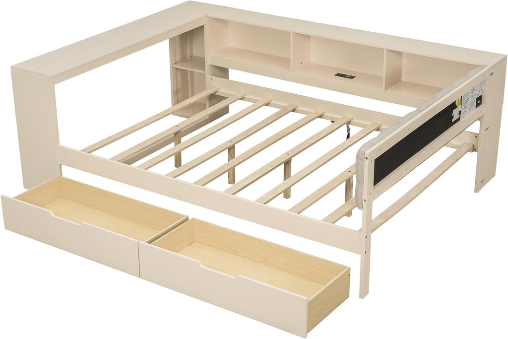 Ball & Cast Wood Full Size Platform Bed with Storage Shelves and Drawers,Multiple Bed Frame w/Charging Station & Upholstered Headboard,Bedroom Furniture Bedframe for Apartment,Cream