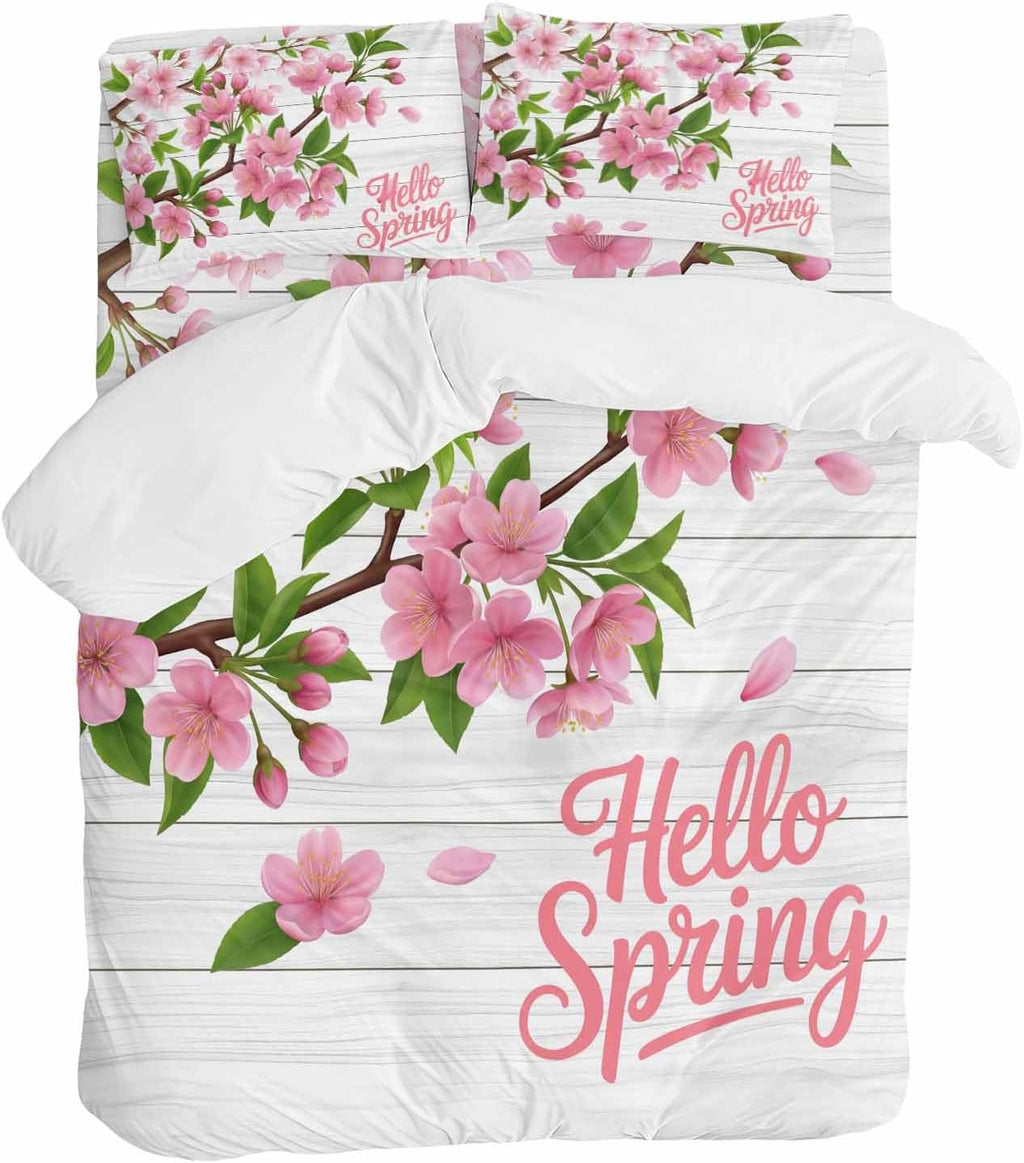 Hello Spring Floral Duvet Cover Set Queen Size 4 Pieces Watercolor Flower Green Leaves Wood Grain Bedding Set with Zipper Closure, 1 Comforter Cover 86x86 Inches 1 Flat Sheet & 2 Pillow Cases