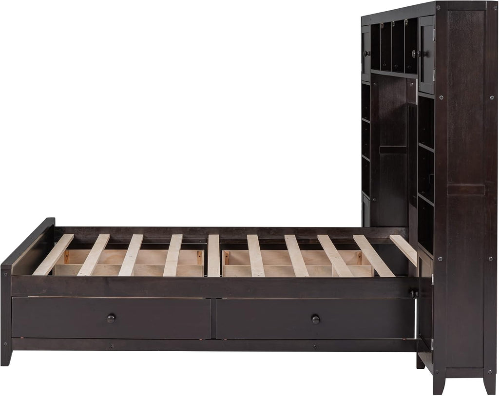 Merax Full Size Wooden Bed with All-in-One Cabinet and Shelf, White Modern Platform Bed Frame with 4 Storage Drawers for Bedroom and Apartment