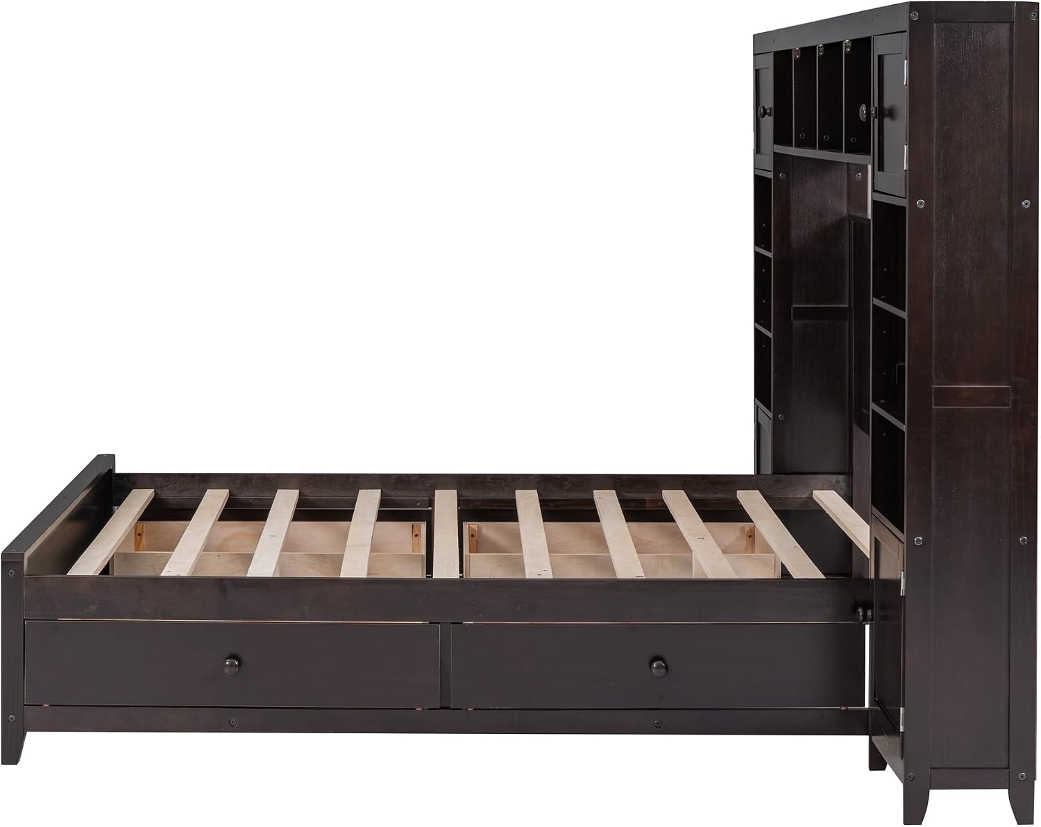Merax Full Size Wooden Bed with All-in-One Cabinet and Shelf, White Modern Platform Bed Frame with 4 Storage Drawers for Bedroom and Apartment