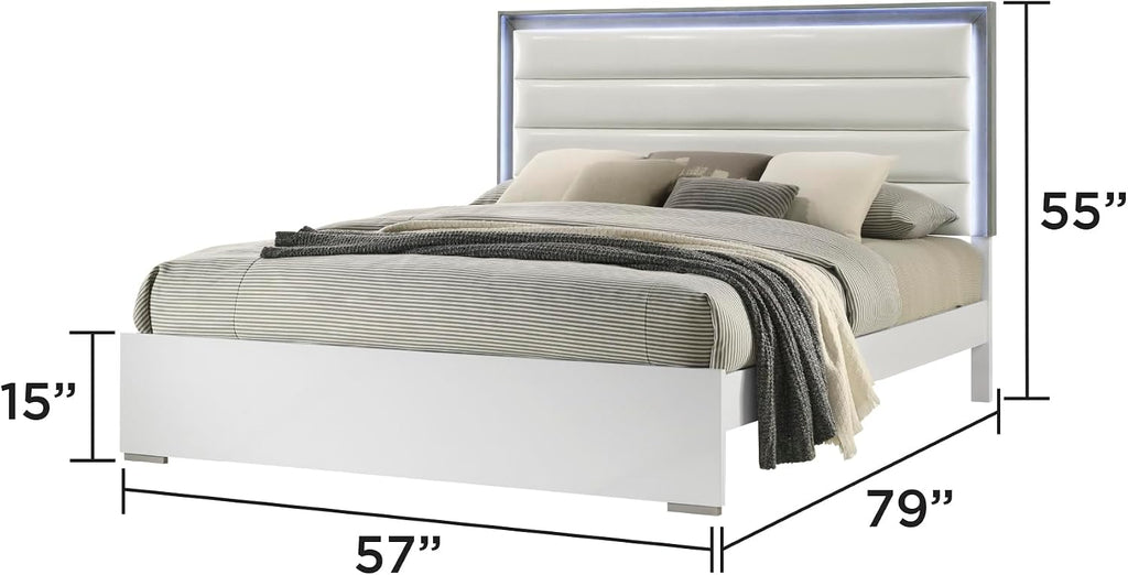 Contemporary Style 4 Pc Full Bedroom Set with LED Headboard Made with Wood in White