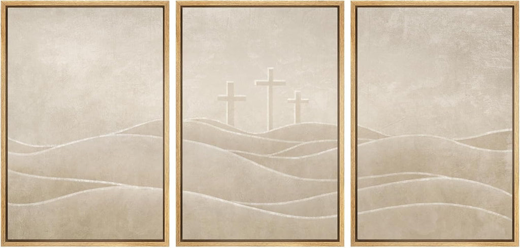 SIGNWIN Framed Canvas Print Wall Art Set Christian Cross Hill Minimalist Beige Religious Illustrations Modern Art Contemporary Minimal Ultra for Living Room, Bedroom, Office - 16'x24'x3 Natural
