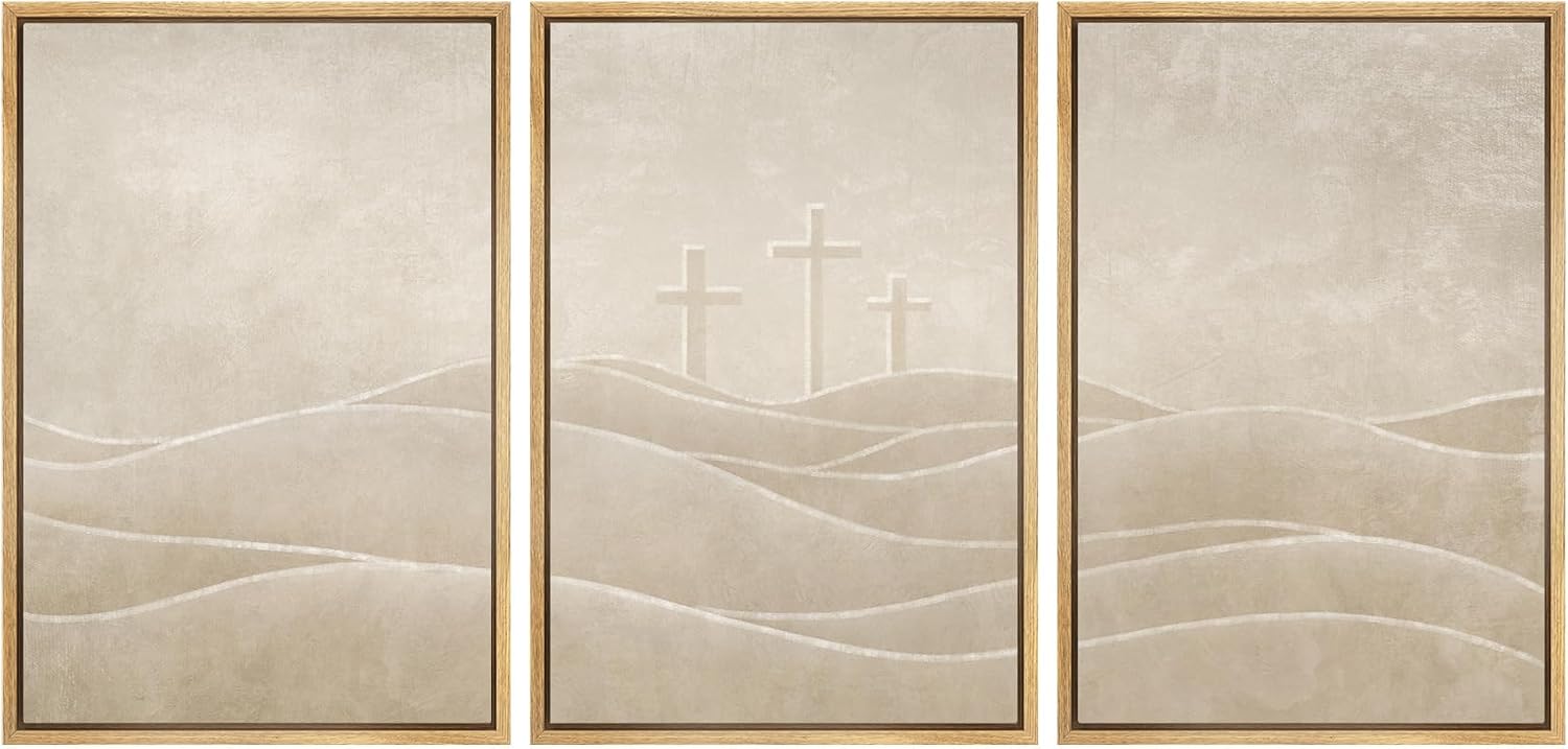 SIGNWIN Framed Canvas Print Wall Art Set Christian Cross Hill Minimalist Beige Religious Illustrations Modern Art Contemporary Minimal Ultra for Living Room, Bedroom, Office - 24'x36'x3 Natural