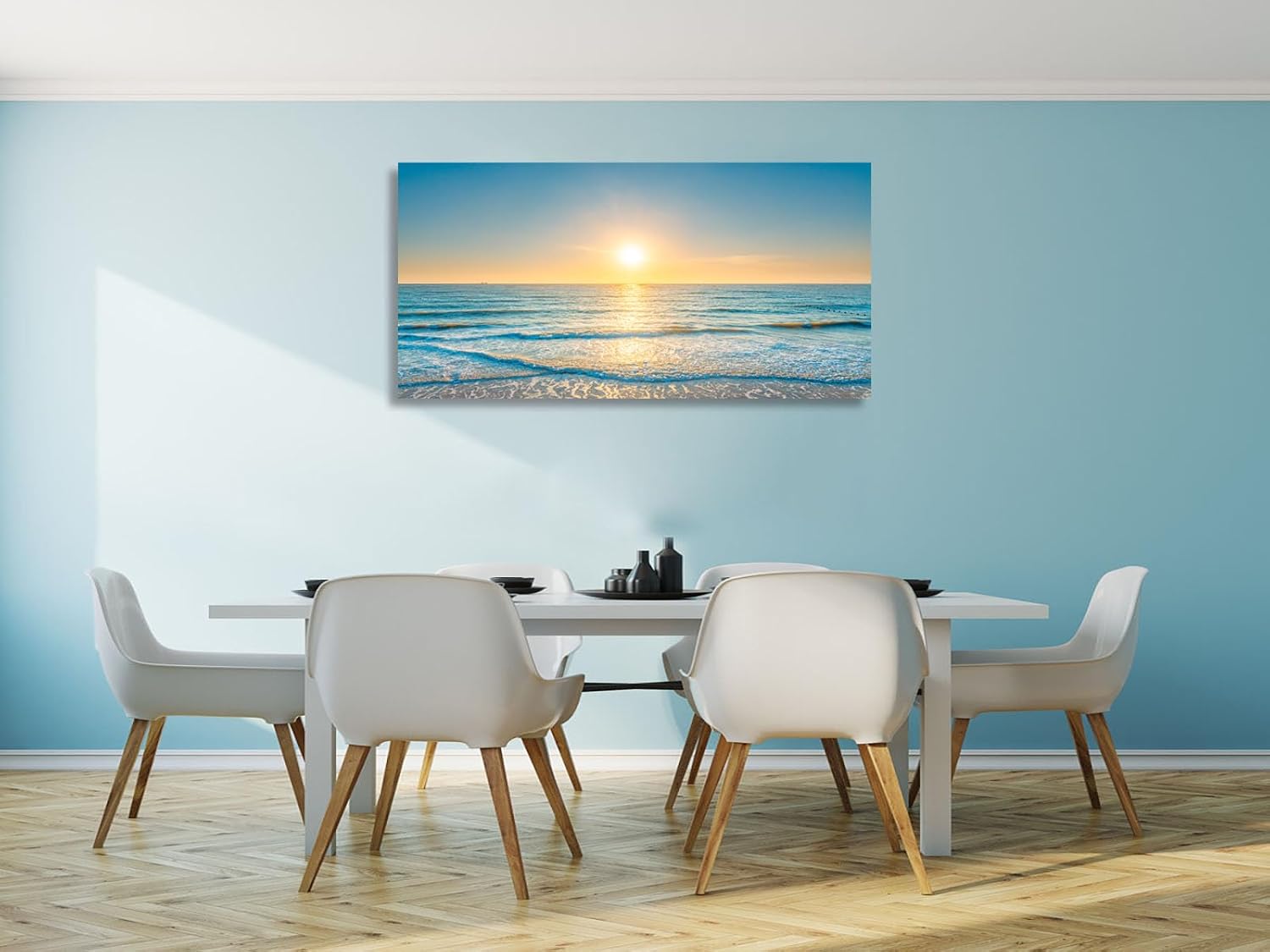 Wall Art Canvas Painting Blue Sea Beautiful Seascape 1 Piece Ocean Sunset Waves Picture Poster Print Framed Ready to Hang for Living Room Bedroom Artework 71x36inch