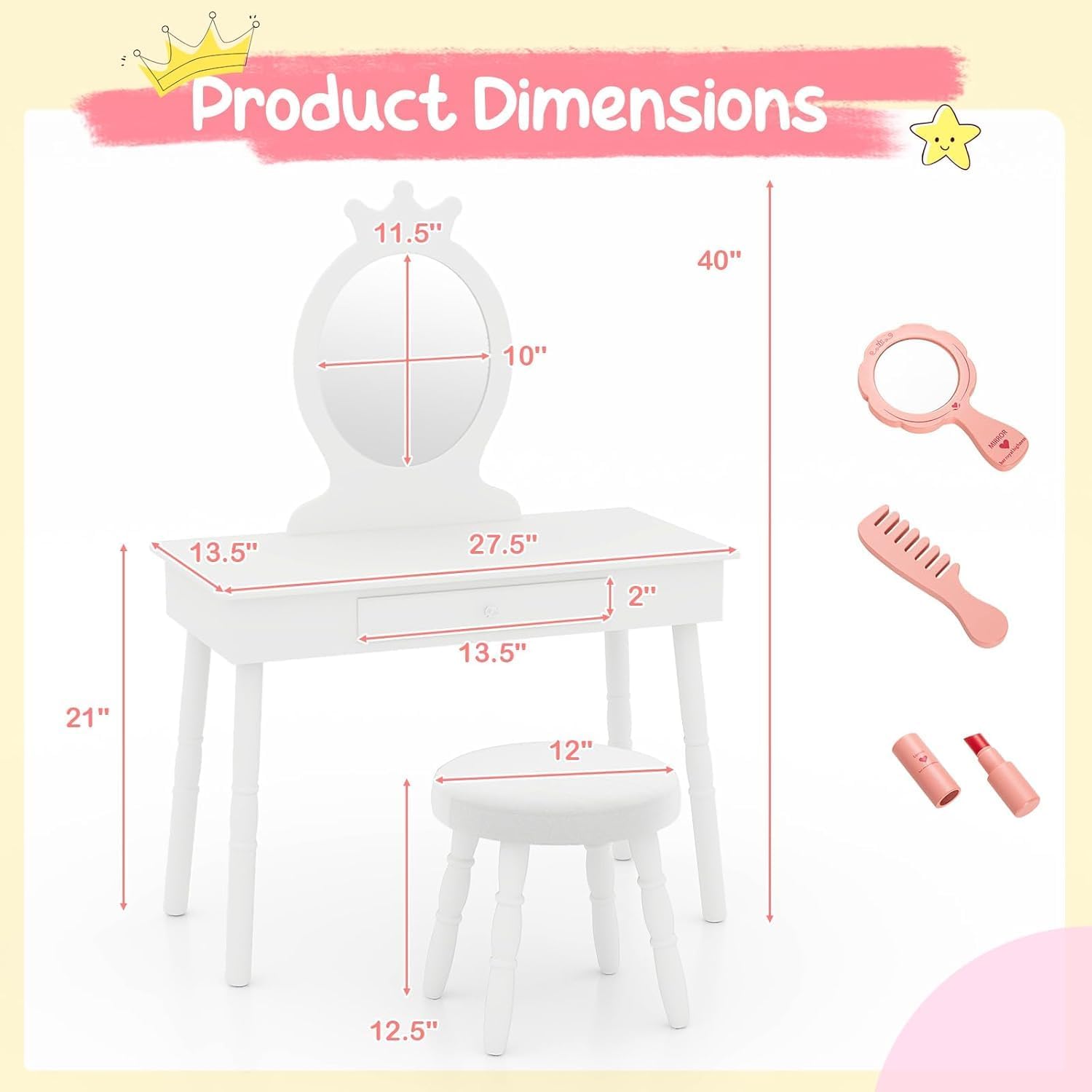 GLACER Kids Vanity with Stool, Rotatable Kids Jewelry Armoire, Kids Vanity Table and Chair Set w/Coat Rack, Storage Shelves, Full-Length Mirror, Solid Wood Legs, Kids Bedroom Furniture (White)