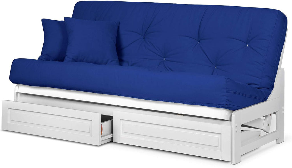 Nirvana Futons Arden White Futon with Bottom Storage Drawers (Queen Size) - Mattress Included (Twill Royal Blue), More Color Options Available