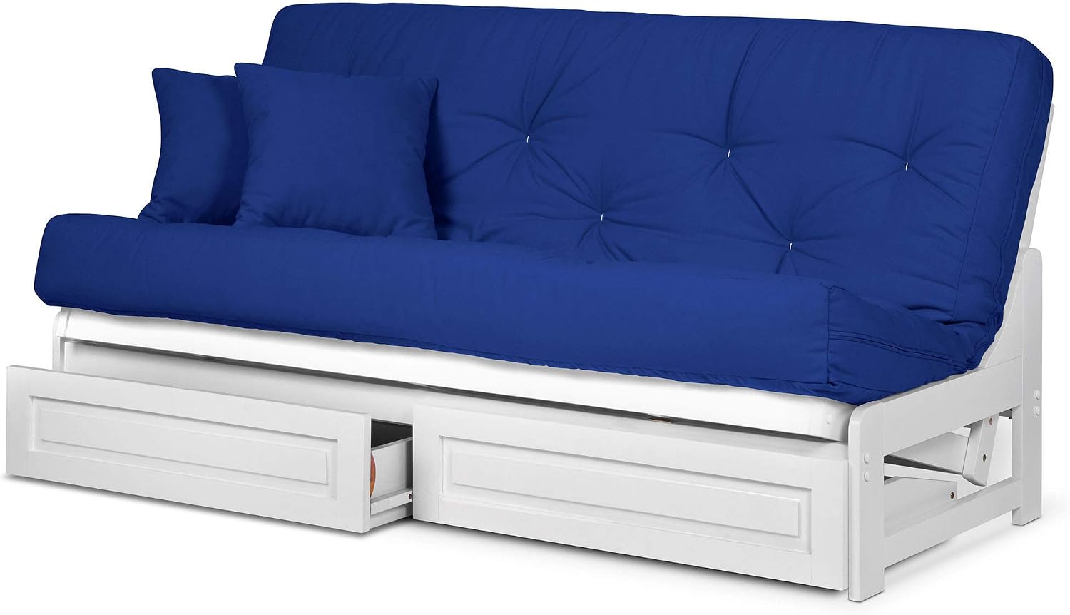 Nirvana Futons Arden White Futon with Bottom Storage Drawers (Queen Size) - Mattress Included (Twill Royal Blue), More Color Options Available