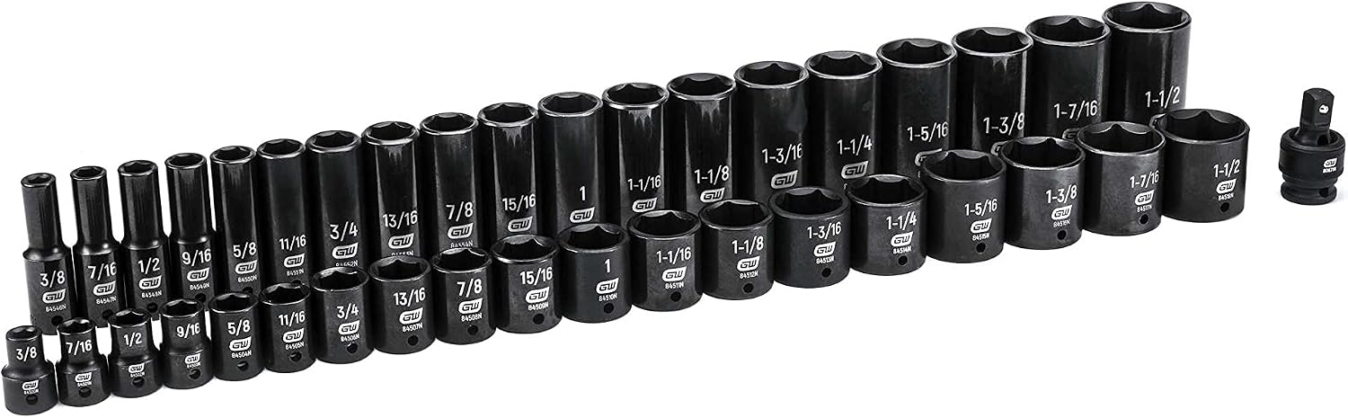 GEARWRENCH 39 Pc. 1/2' Drive 6 Pt. Impact Socket Set, Standard & Deep, SAE - 84947N, Black