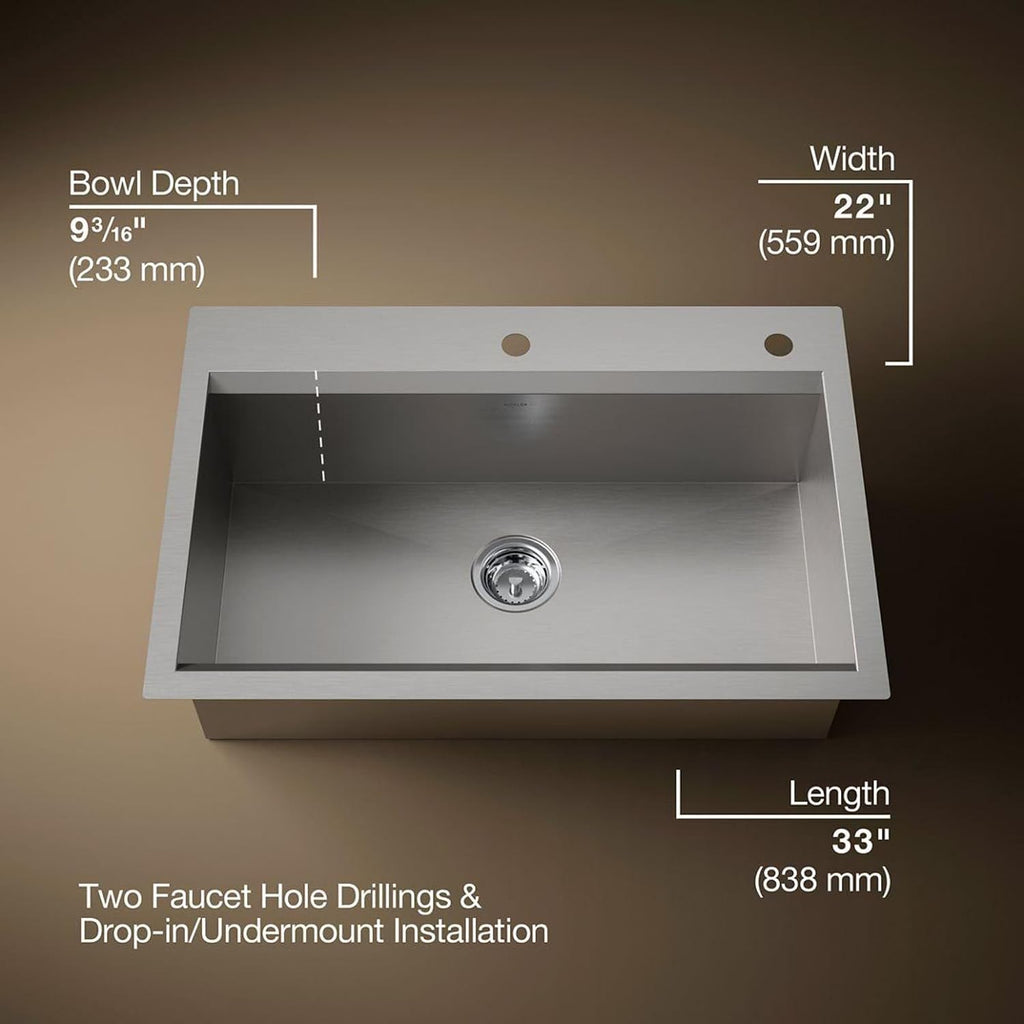 KOHLER 80084-2PC-NA Task™ 33' Top-/Undermount Single-Bowl Workstation Sink, Includes Kitchen Sink Accessories, Stainless Steel, 2 Faucet Holes