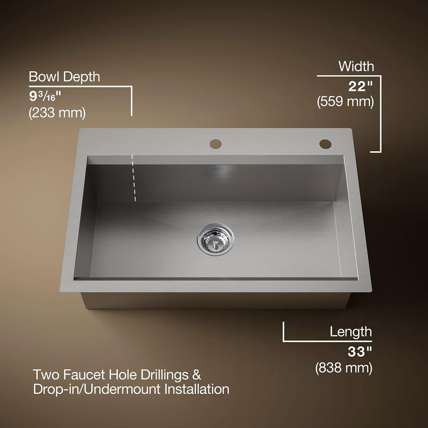 KOHLER 80084-2PC-NA Task™ 33' Top-/Undermount Single-Bowl Workstation Sink, Includes Kitchen Sink Accessories, Stainless Steel, 2 Faucet Holes