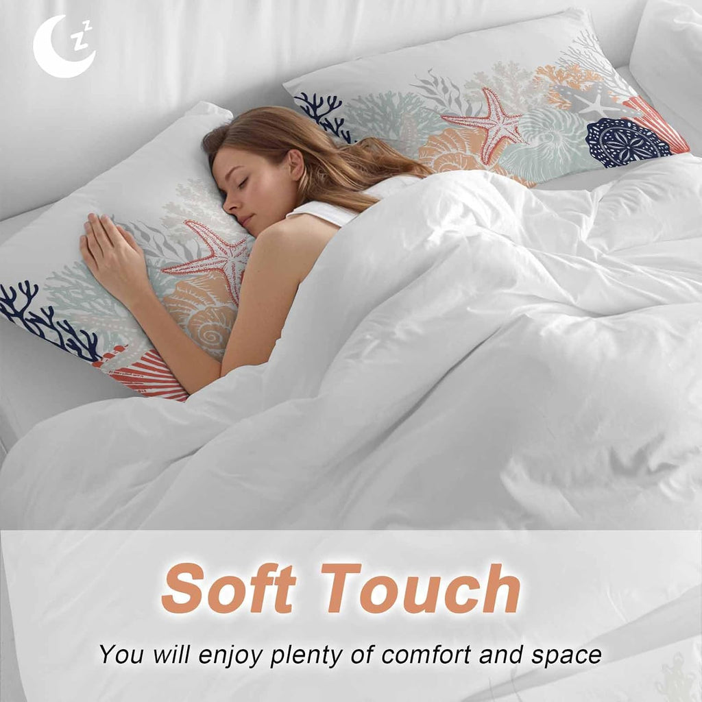 Summer Marine Life Duvet Cover Set Queen Size 4 Pieces Ocean Gray Coral Coastal Starfish Conch Bedding Set with Zipper Closure, 1 Comforter Cover 92x106 Inches 1 Flat Sheet & 2 Pillow Cases