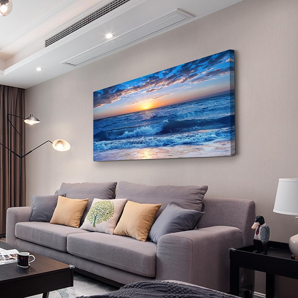 Wapluam Large Canvas Wall Art For Office Farmhouse Living Room Ocean Beach Wall Paintings Blue Sea View Wave Wall Pictures Framed Prints Artwork Modern Bedroom Home Decor 30'X 60'