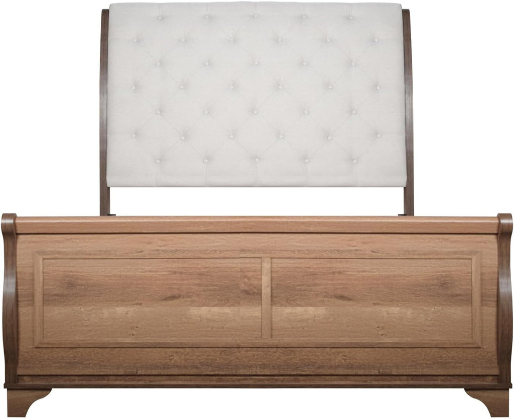 HomeStock Wood Bed Frame with Upholstered Headboard - Pecan Finish - Modern Rustic Bedroom Furniture King